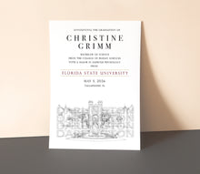 Custom Florida State University graduation announcements with envelopes. Premium FSU grad cards with personalized wording and hand-drawn campus artwork.