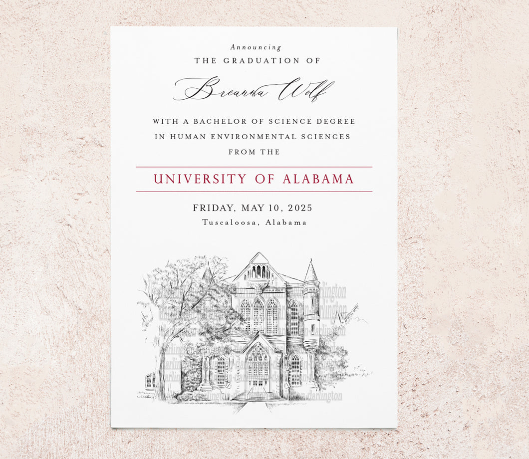 University of Alabama Graduation Announcement, Clark Hall, Invitation, Invite, Univ, Grad Announcements, Graduation Cards