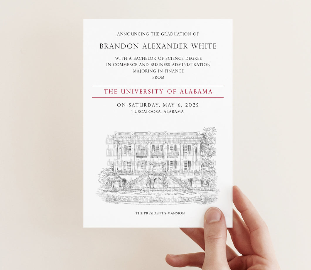 University of Alabama Graduation Announcement, Presidents Mansion, Invitation, Invite, Univ, Grad Announcements, Graduation Cards